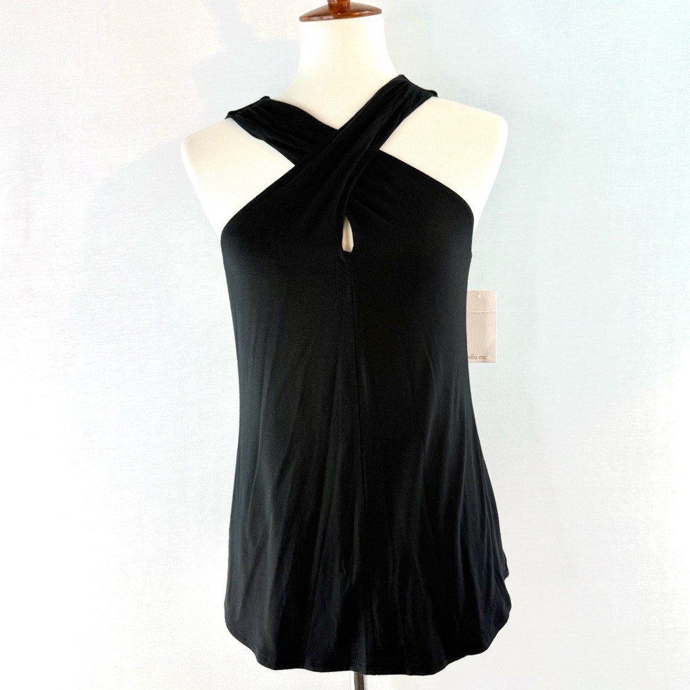 Ella Moss Black Stretch Knit Sleeveless Crossover Halter Top